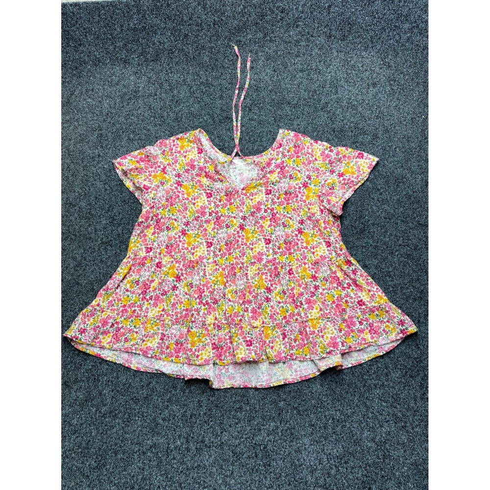 Terra & Sky Womens 1X Pink Yellow Floral Tiered Babydoll Blouse V-Neck Top